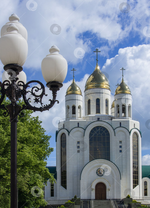 Скачать Фасад храма Христа Спасителя на фоне голубого неба с белыми облаками. На переднем плане уличные фонари в старинном стиле. Золотые купола сияют на солнце. фотосток Ozero