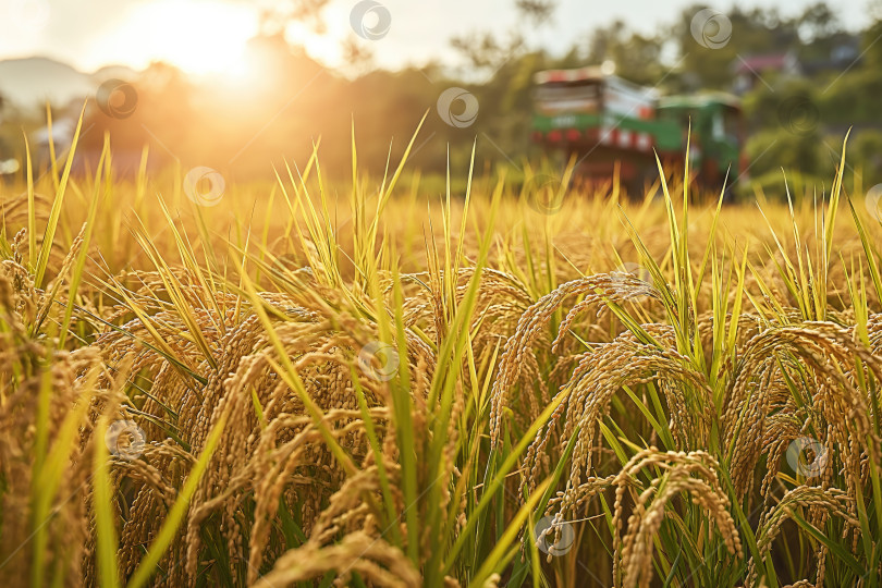 Скачать спелые рисовые колосья на поле и зерноуборочный комбайн на заднем плане фотосток Ozero