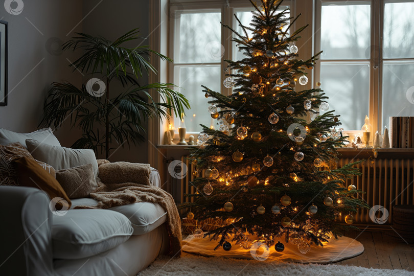 Скачать украшенная рождественская елка со светящейся гирляндой в новогоднем интерьере фотосток Ozero
