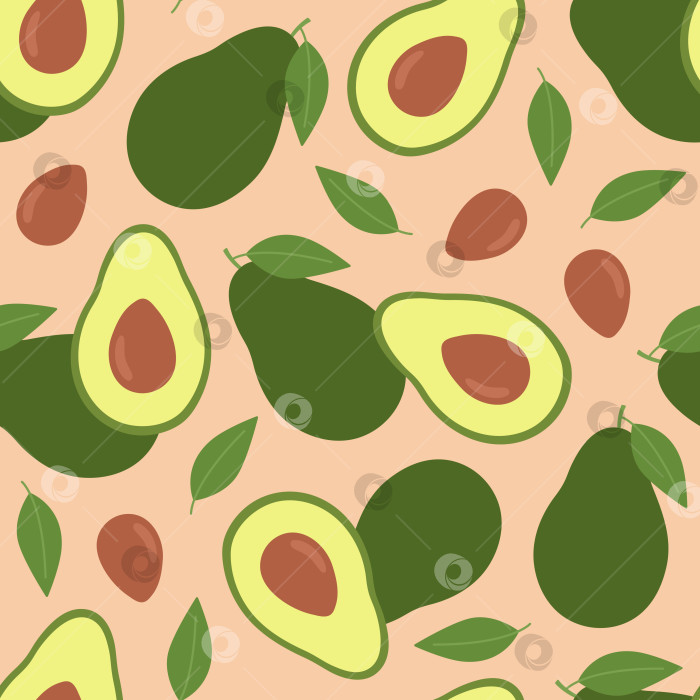 Скачать Бесшовный узор с плодами авокадо, ломтиком авокадо, семенами и листьями. Свежий и полезный овощ. Векторная плоская иллюстрация, изолированная на бежевом фоне фотосток Ozero