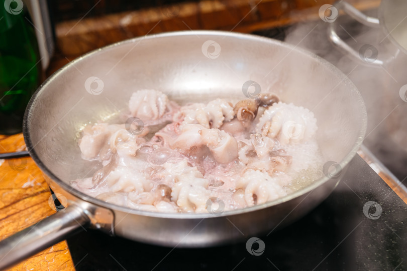 Скачать Варка детеныша осьминога в сковороде из нержавеющей стали фотосток Ozero