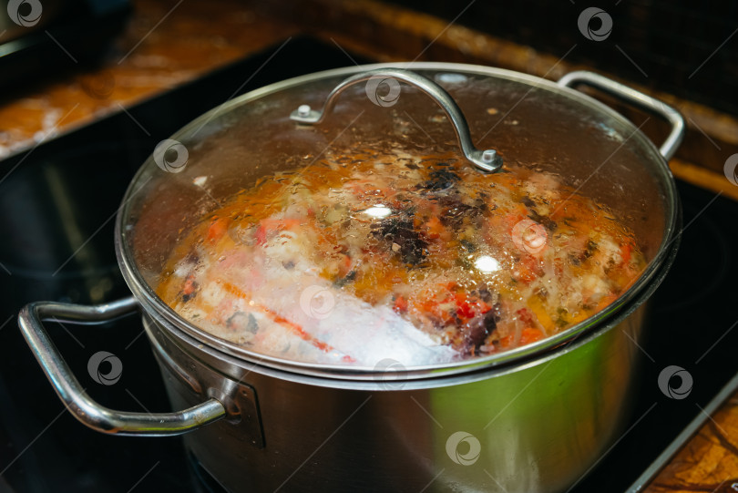 Скачать Приготовление домашнего супа в большой кастрюле фотосток Ozero
