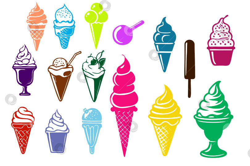 Скачать Набор иконок линейки мороженого. Включены такие иконки, как "сладкое", "холодное", "замороженное", "мягкие сливки", "ароматизатор", "молочные продукты" и другие. фотосток Ozero