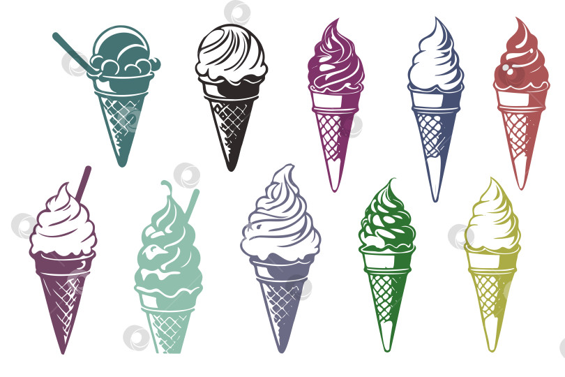 Скачать Набор вкусного мороженого. Сладкие летние деликатесы, мороженое с разными вкусами, коллекция изолированных рожков мороженого и эскимо с разными начинками.Векторная иллюстрация для Интернета, дизайна, печати. фотосток Ozero