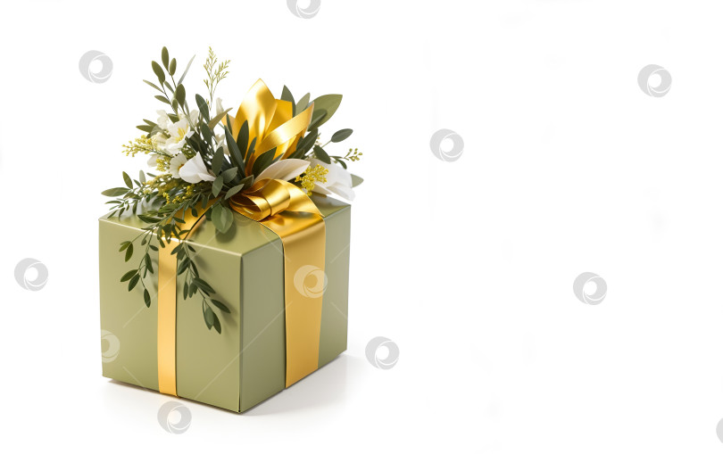 Скачать Квадратная подарочная коробка оливкового цвета с натуральным декором, выделенным на белом фоне. место для копирования. фотосток Ozero