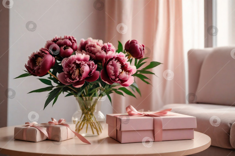 Скачать букет из нежных розовых и бордовых пионов и подарочная коробка с бантом на белом столе. фотосток Ozero