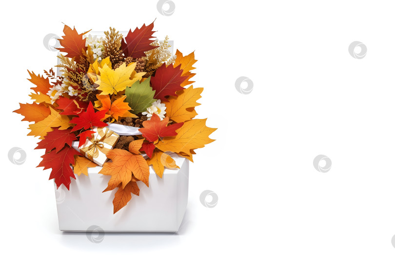 Скачать Подарочная коробка украшена осенними листьями и шиком. фотосток Ozero