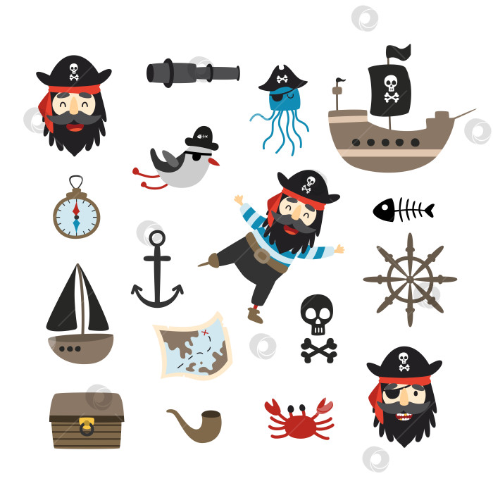 Скачать Симпатичный набор пиратских значков с кораблем, чайкой, черепом, якорем, сундуком с сокровищами и пиратами. фотосток Ozero