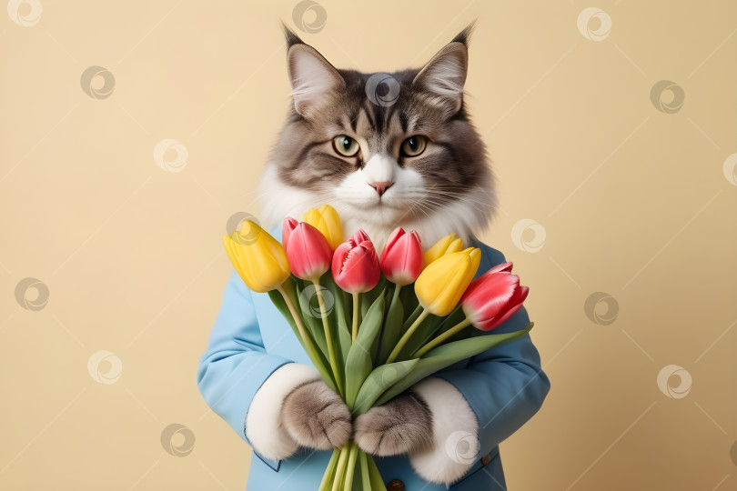 Скачать кот в костюме с букетом тюльпанов на минималистичном фоне фотосток Ozero