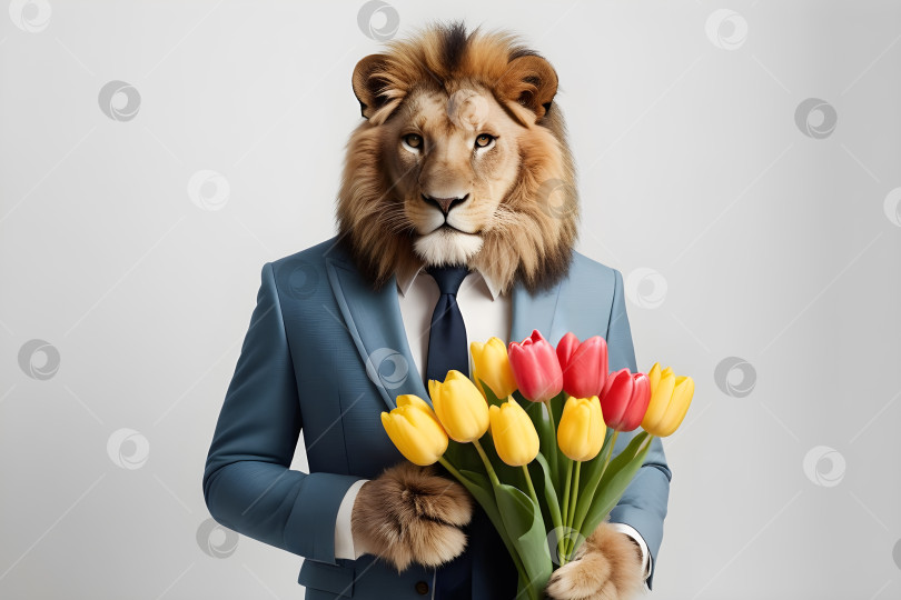 Скачать лев в костюме с букетом тюльпанов на минималистичном фоне фотосток Ozero