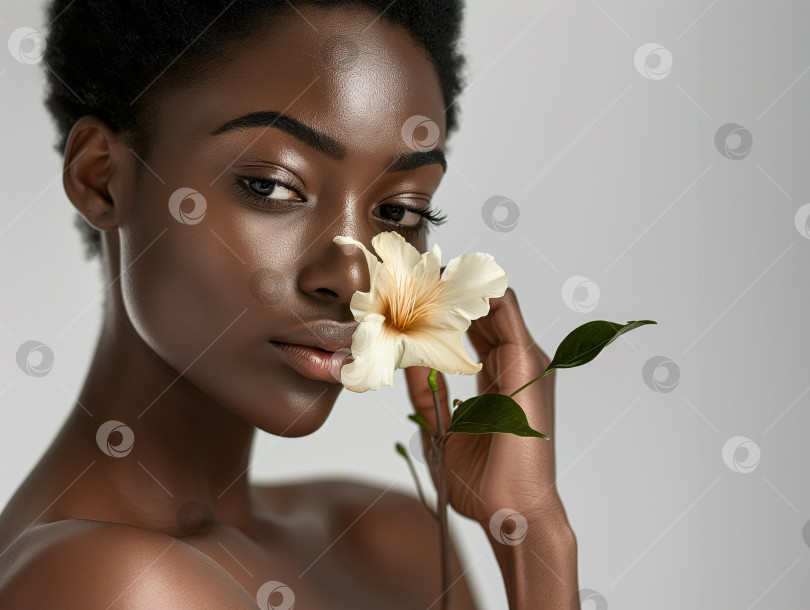 Скачать Портрет красивой темнокожей женщины крупным планом с цветком в руках фотосток Ozero
