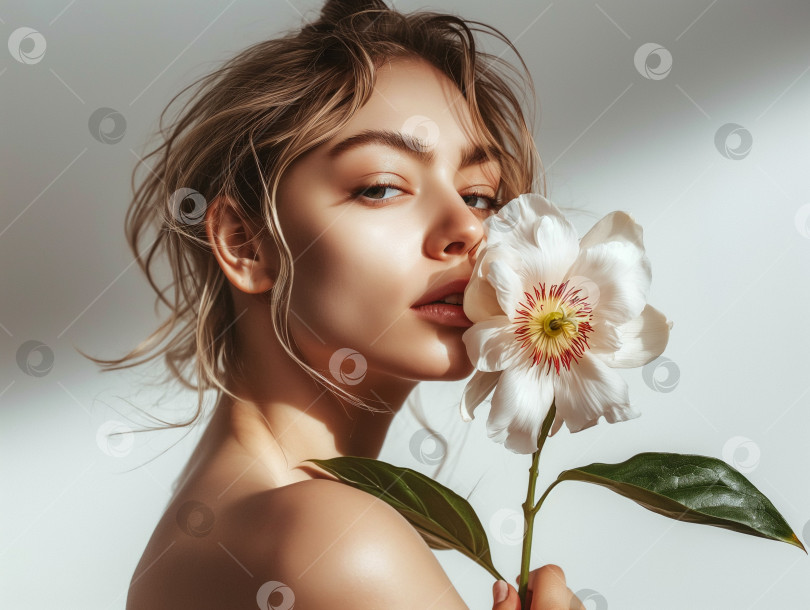 Скачать Крупным планом портрет красивой женщины европейской внешности с цветком в руках фотосток Ozero