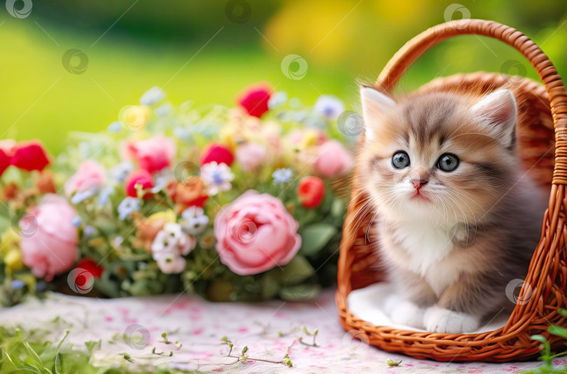 Скачать милый маленький котенок, сидящий в корзинке на фоне цветочной клумбы, праздничный баннер для поздравлений фотосток Ozero