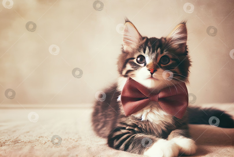 Скачать Маленький пушистый котенок с бантом на праздничном фоне, концепция праздников фотосток Ozero