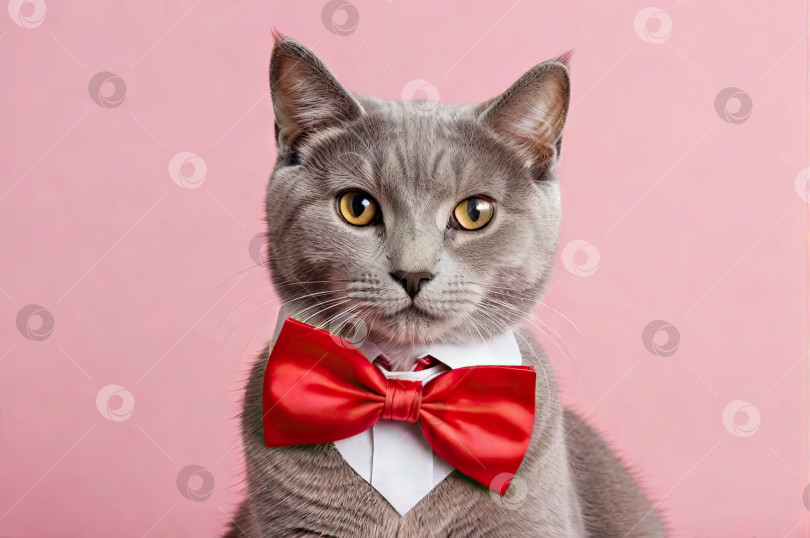 Скачать Милый кот, сидящий в галстуке-бабочке на розовом фоне. Монохромный фон фотосток Ozero