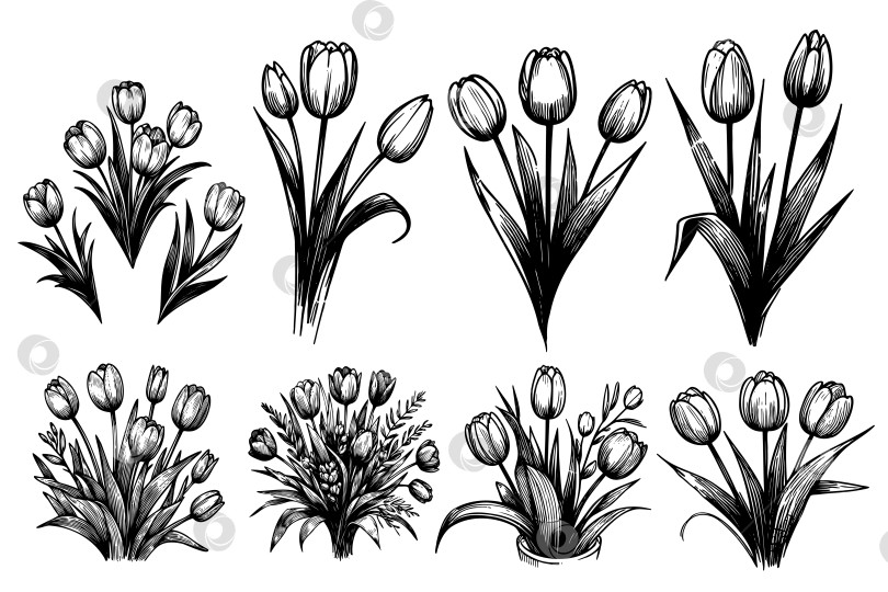 Скачать Эскиз набора тюльпанов, нарисованный от руки в стиле каракулей. фотосток Ozero