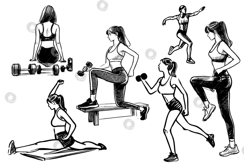 Скачать Эскиз рисунков тренирующейся женщины, концепция здорового образа жизни, нарисованная от руки. фотосток Ozero