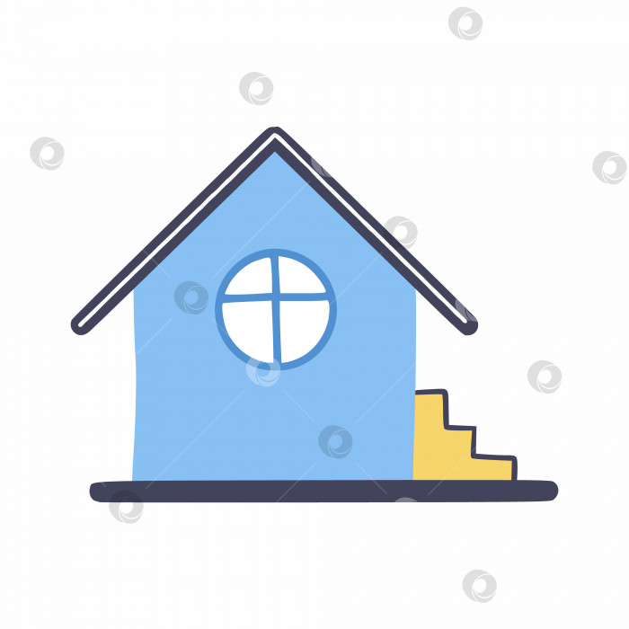 Скачать Маленький голубой домик со ступеньками и круглым окном. Симпатичная векторная иллюстрация для детской поздравительной открытки. Рисунок в стиле каракули. фотосток Ozero