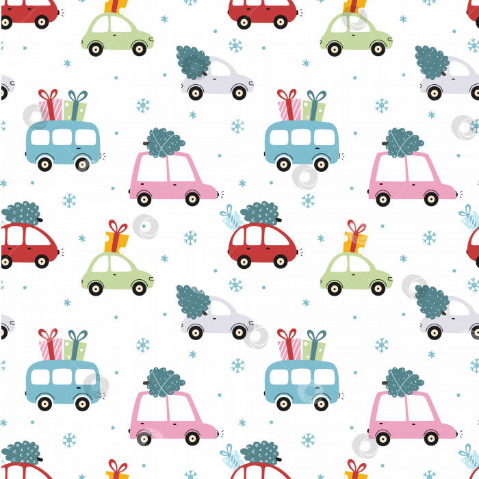 Скачать Бесшовный узор на новый год с милым автомобилем. В авто есть подарок и рождественская елка на праздники. Фон для пошива детской одежды и печати на упаковочной бумаге. фотосток Ozero