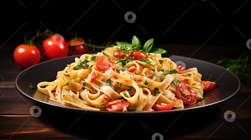 Скачать приготовленная паста с соусом, помидорами, базиликом вид сверху на черном фоне фотосток Ozero