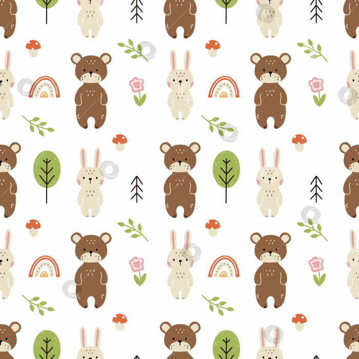Скачать Бесшовный узор с милыми зайцем и медведем. Фон с лесными животными для пошива детской одежды и печати на ткани. фотосток Ozero