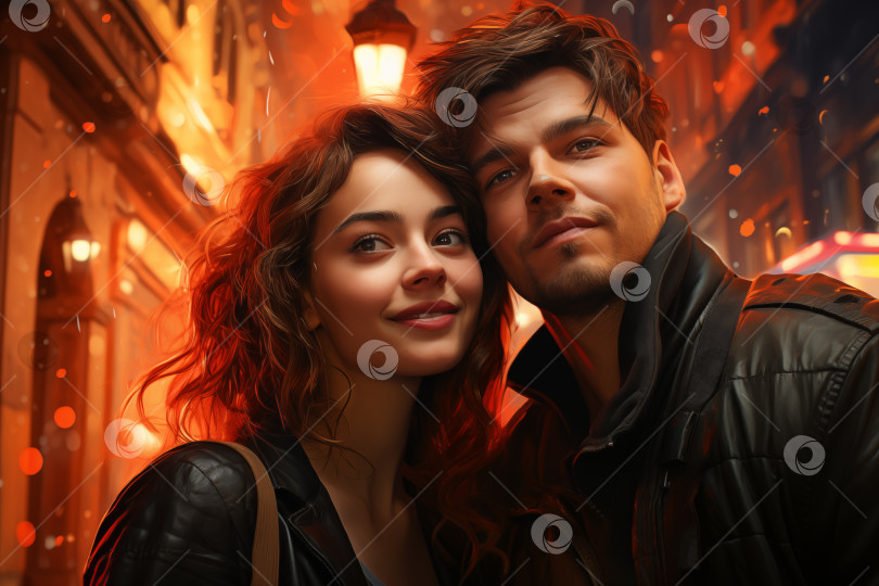 Скачать счастливая молодая пара на освещенной улице зимним вечером фотосток Ozero