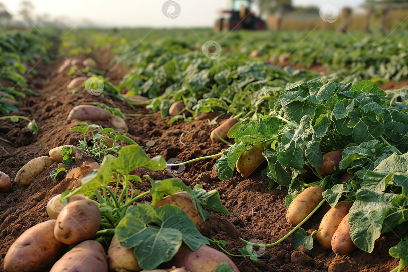 Скачать клубни картофеля в борозде на поле после прохождения картофелекопателя во время уборки урожая фотосток Ozero