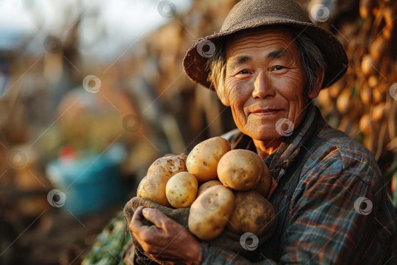 Скачать азиатский фермер с собранным картофелем фотосток Ozero