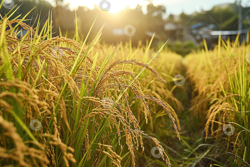 Скачать спелые рисовые колосья на поле с размытым фоном фотосток Ozero