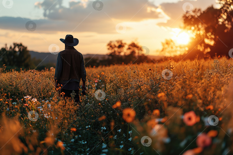Скачать фермер осматривает сенокосный луг на закате фотосток Ozero