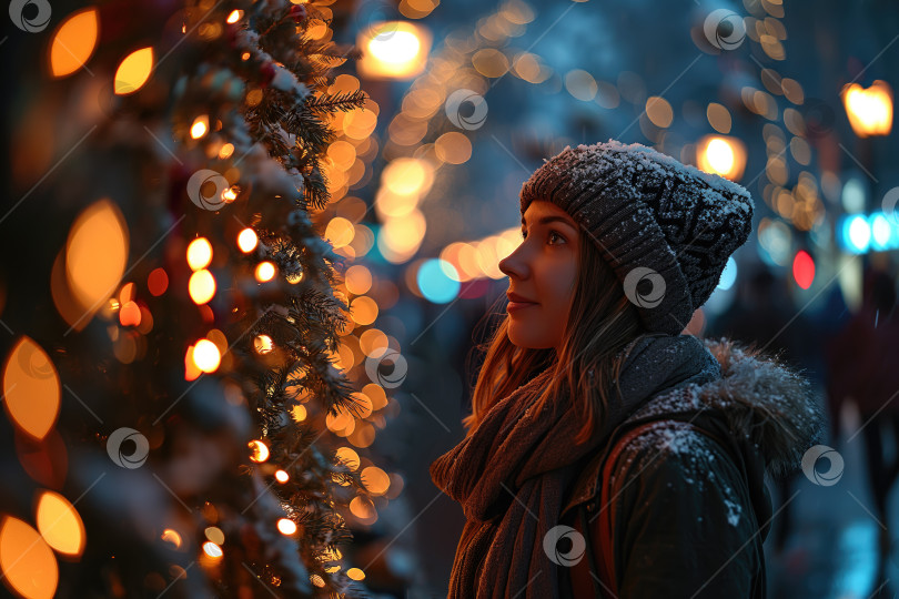 Скачать девушка на улице в зимнем городе загадывает желание, глядя на рождественскую елку со светящейся гирляндой фотосток Ozero