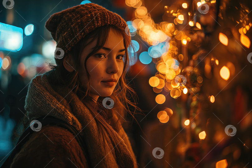 Скачать девушка на улице зимой загадывает желание на фоне новогодней елки со светящейся гирляндой фотосток Ozero
