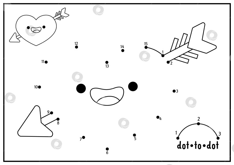 Скачать Векторный рисунок Святого Валентина от точки к точке и раскраска с милым кавайным сердечком, пронзенным стрелой. Праздник любви, игра "соедини точки" с забавным персонажем. Страница-раскраска для детей. Рабочий лист для печати фотосток Ozero