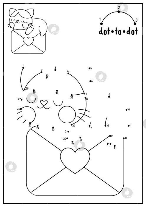 Скачать Векторный рисунок Святого Валентина от точки к точке и раскраска с милым кавайным котом, отправляющим письмо с сердечком. Праздник любви, игра "соедини точки" с забавным персонажем. Страница-раскраска для детей. Рабочий лист для печати фотосток Ozero