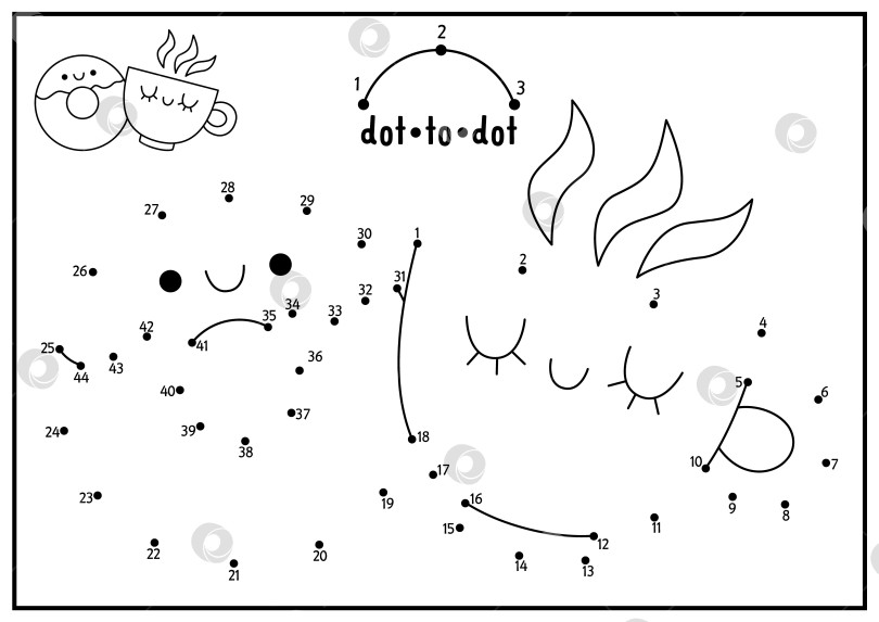Скачать Векторная игра в стиле Святого Валентина "точка в точку" и раскрашивание с милой чашкой каваи и пончиком. Праздник любви - игра "соедини точки" с забавным персонажем. Страница-раскраска для детей. Рабочий лист для печати фотосток Ozero