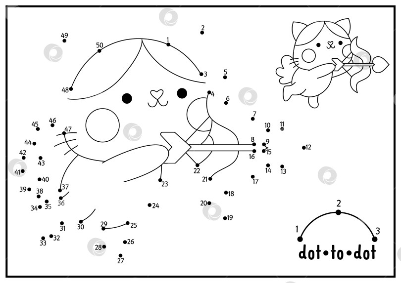 Скачать Векторный рисунок Святого Валентина от точки к точке и раскраска с милым кавайным котом Купидоном, со стрелой, луком. Праздник любви, игра "соедини точки" с забавным персонажем. Страница-раскраска для детей. Рабочий лист для печати фотосток Ozero