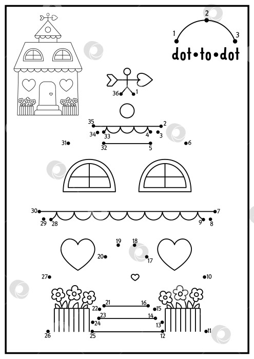 Скачать Векторный рисунок Святого Валентина от точки к точке и раскраска с милым кавайным домиком с сердечками. Праздник любви, игра "соедини точки" с забавным коттеджем. Страница-раскраска для детей. Рабочий лист для печати фотосток Ozero
