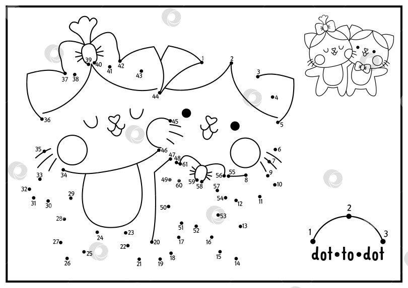 Скачать Векторный рисунок Святого Валентина от точки к точке и раскрашивание с милой парой кавайных кошек. Праздник любви, игра "соедини точки" с забавным персонажем. Страница-раскраска для детей. Рабочий лист для печати фотосток Ozero