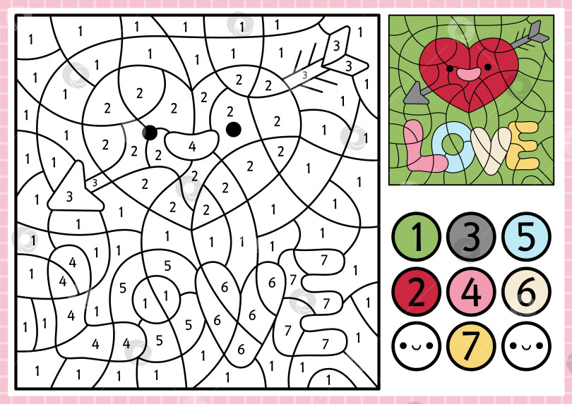 Скачать Векторная игра "Раскрась Святого Валентина по номерам" с милым кавайным сердечком, пронзенным стрелой, надписью. Сцена праздника любви. Черно-белая игра-подсчет со смешным словом. Раскраска для детей фотосток Ozero