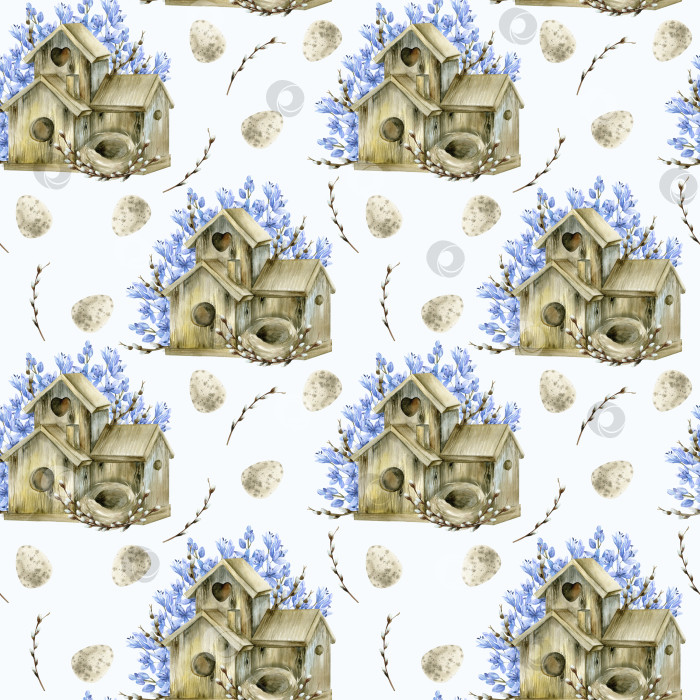 Скачать Акварельный весенне-цветочный пасхальный бесшовный узор с деревянным скворечником, бледно-пастельными яйцами и сиренево-голубыми цветами на белом фоне для упаковки, текстиля, дизайна кухни. Уютная романтическая текстура фотосток Ozero