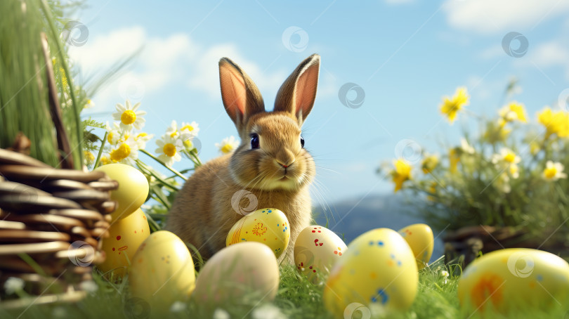 Скачать Росистый весенний луг. Кролик в зеленой траве с пасхальными яйцами на фоне голубого неба фотосток Ozero
