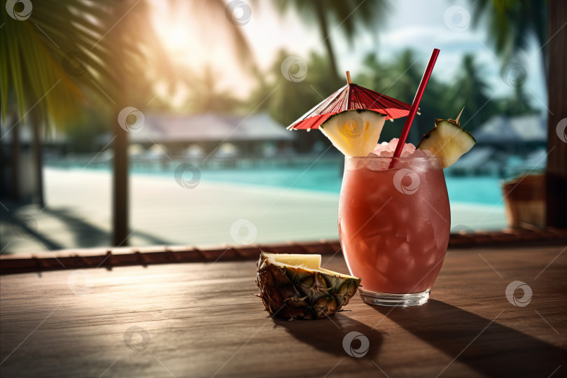 Скачать Тропический пляжный бар Still Life с красочными коктейлями и расслабляющей атмосферой острова на райском пляже фотосток Ozero