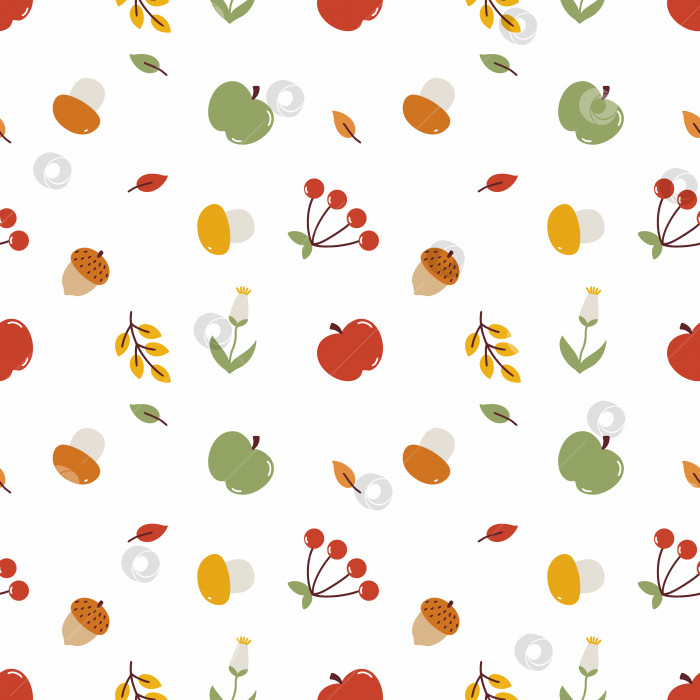Скачать Симпатичный бесшовный осенний узор. Обои с изображением осеннего урожая. Фон для пошива одежды и печати на ткани. Яблоки, грибы, ягоды и листья на белом фоне. Дизайн упаковочной бумаги. фотосток Ozero