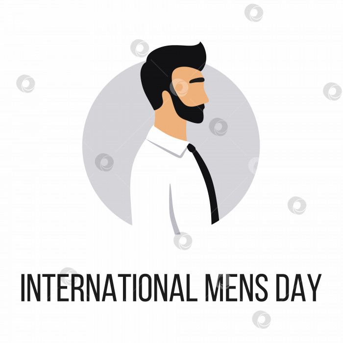 Скачать Всемирный мужской день 19 ноября. Красивый парень с бородой и в костюме. Логотип парикмахерской. Персонаж в галстуке. Деловой стиль. фотосток Ozero
