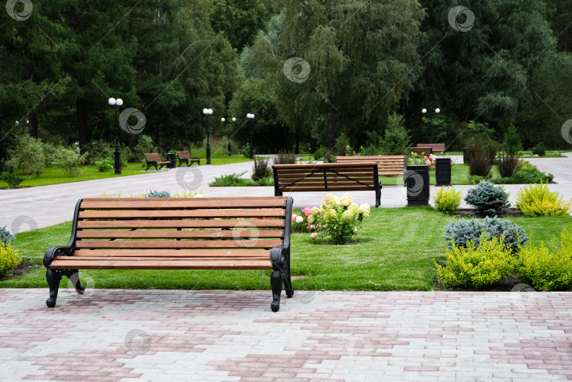 Скачать Деревянная старинная скамейка в общественном парке. фотосток Ozero