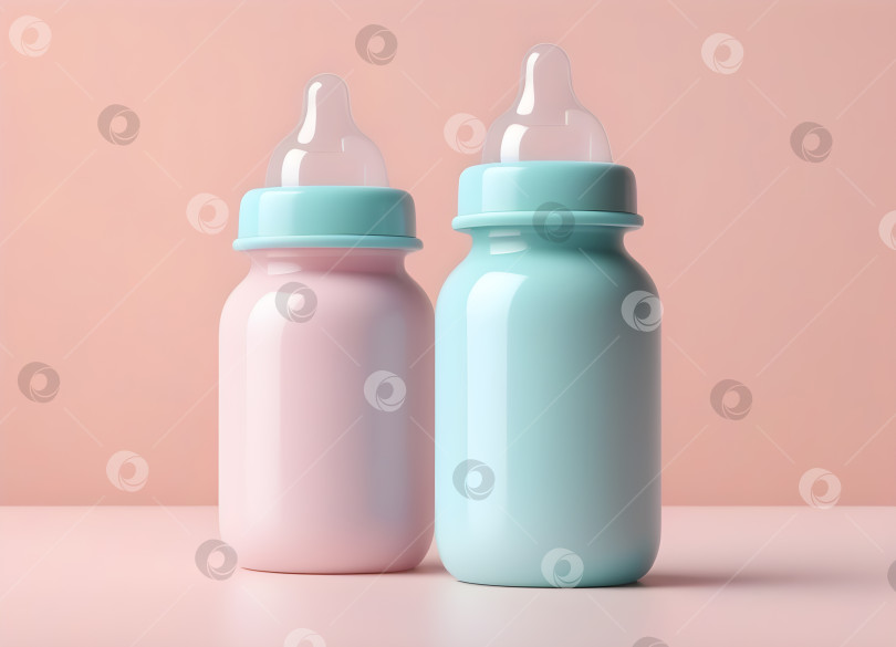 Скачать две детские бутылочки-пустышки с молоком на минималистичном пастельно-голубом фоне фотосток Ozero