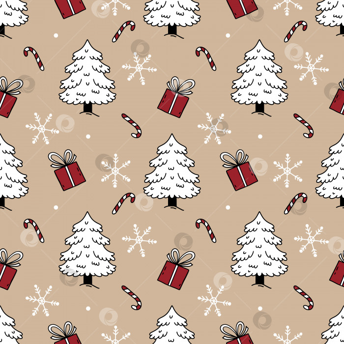 Скачать Новый год и Рождество. Бесшовный фон для ткани с принтом и упаковочной бумаги. Ель, подарок и сахарный тростник. Рождественская елка в стиле каракули. фотосток Ozero