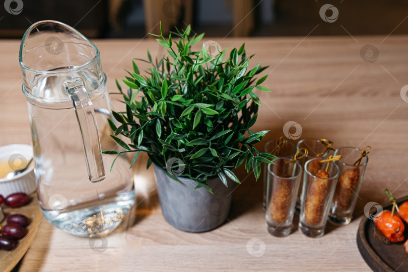 Скачать Современный кувшин для воды и пышное растение в горшке на столе фотосток Ozero