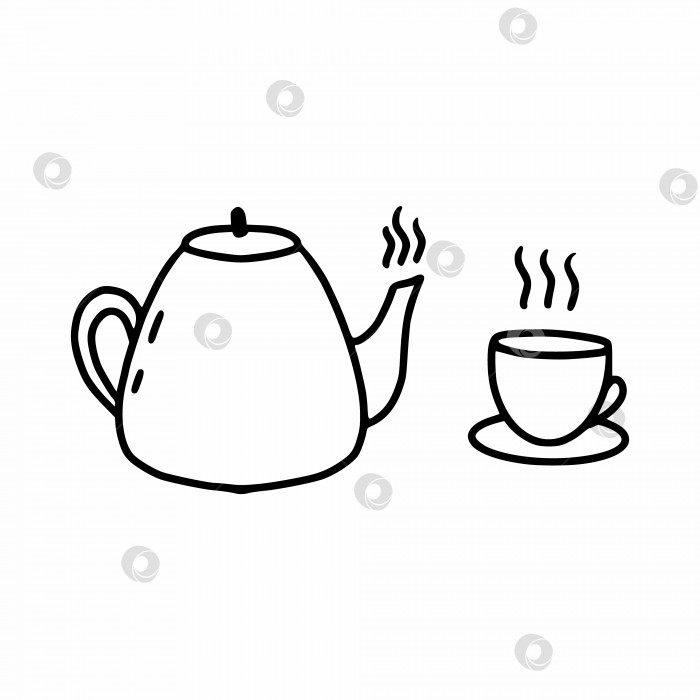 Скачать Симпатичный чайник и кружка. Иллюстрация в виде каракулей. Чаепитие и церемония. фотосток Ozero