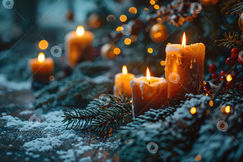 Скачать Новогодняя открытка, фон, праздничные свечи, горящие на столе зимней ночью на открытом воздухе фотосток Ozero